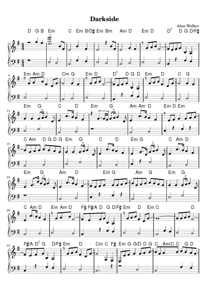 nuty na pianino do utworu darkside