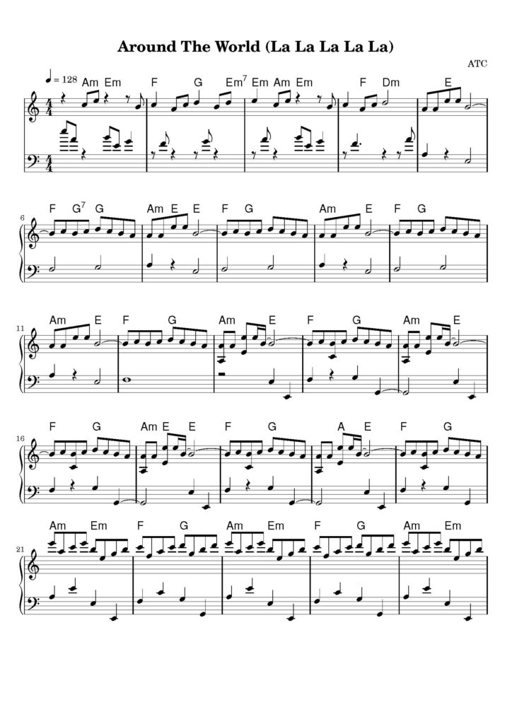 nuty na pianino do utworu around the world la la la la la