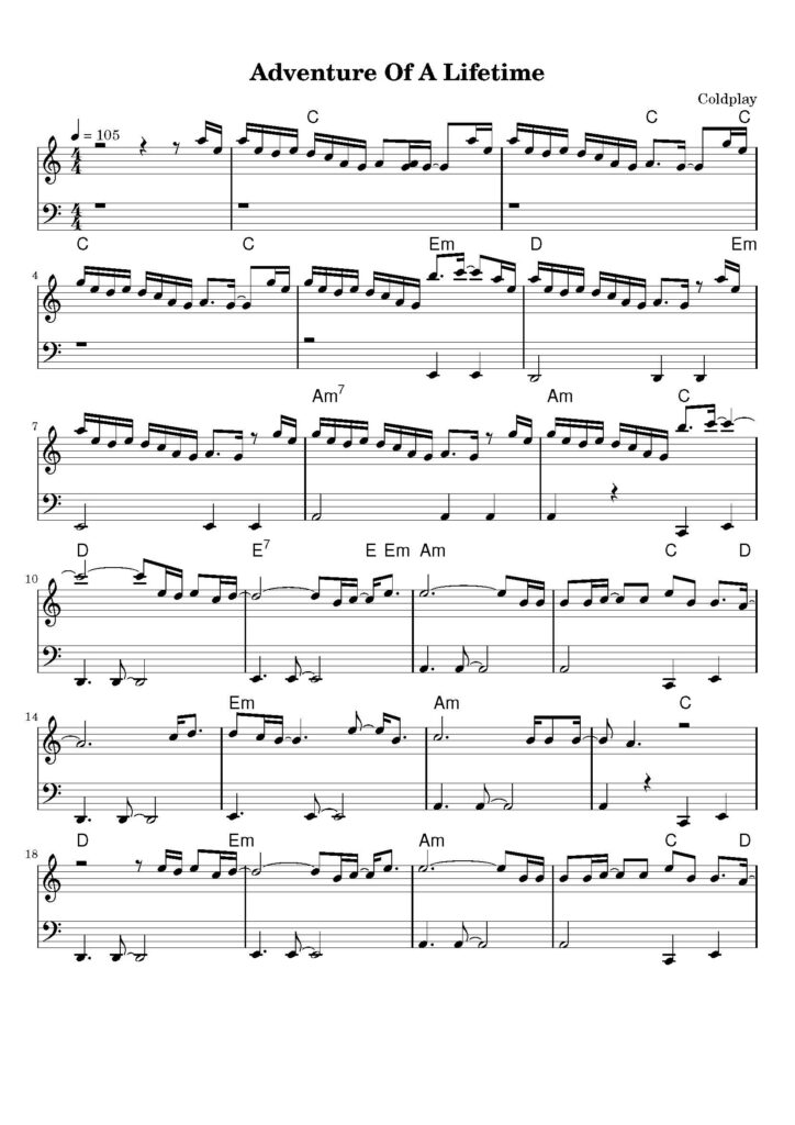 nuty na pianino do utworu adventure of a lifetime
