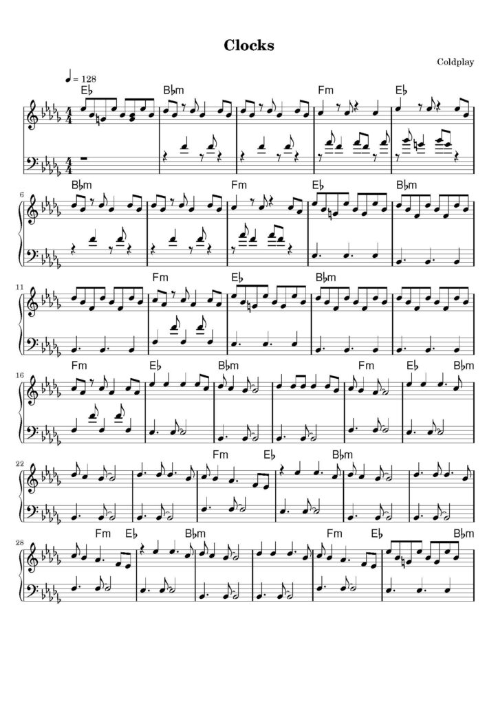 nuty na pianino do utworu clocks