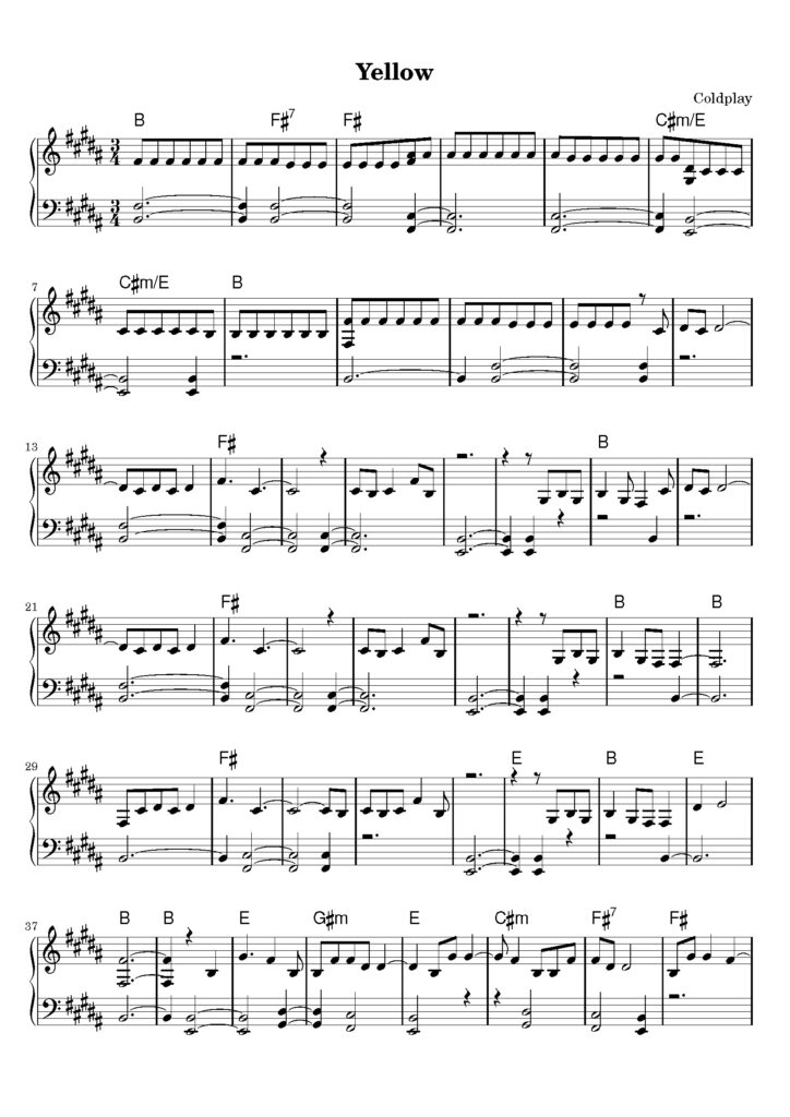 nuty na pianino do utworu yellow