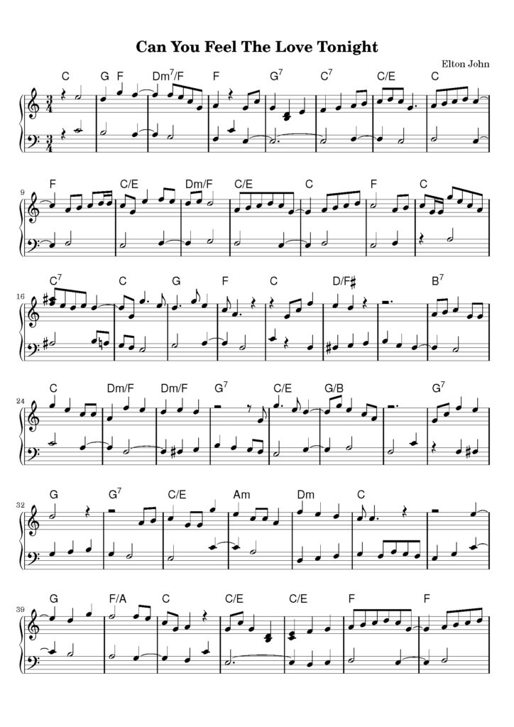 nuty na pianino do utworu can you feel the love tonight