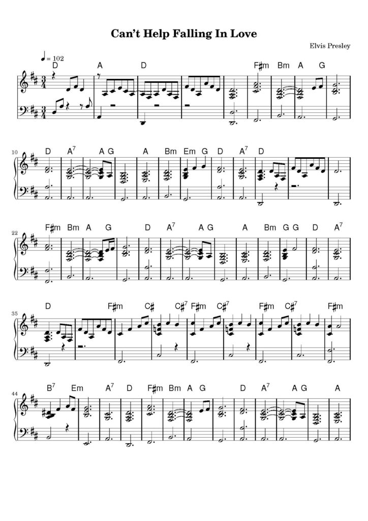 can't help falling in love piano sheet music