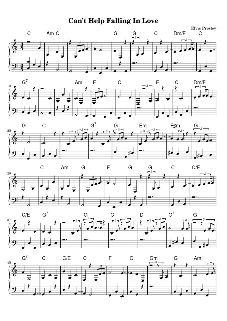 can't help falling in love piano sheet music