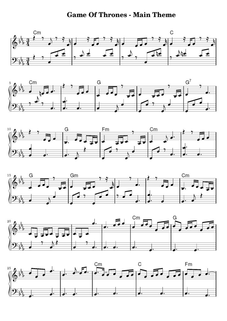 game of thrones main theme piano sheet music