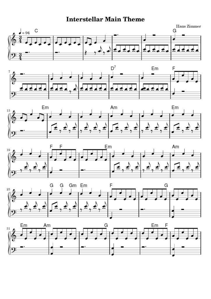 nuty na pianino do utworu interstellar main theme