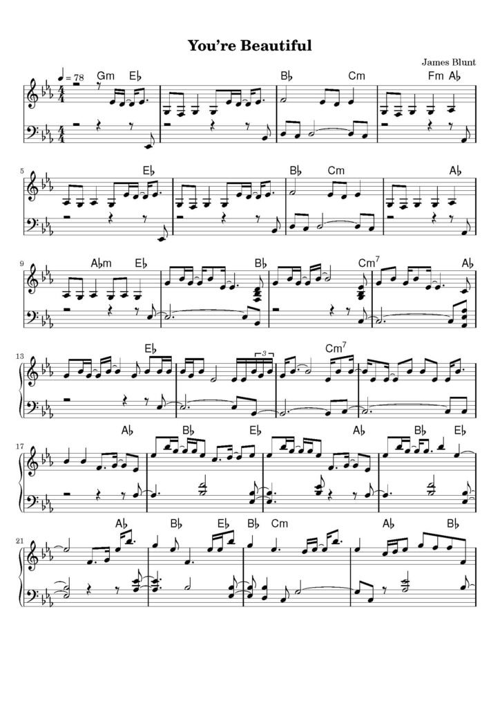 nuty na pianino do utoworu you're beautiful