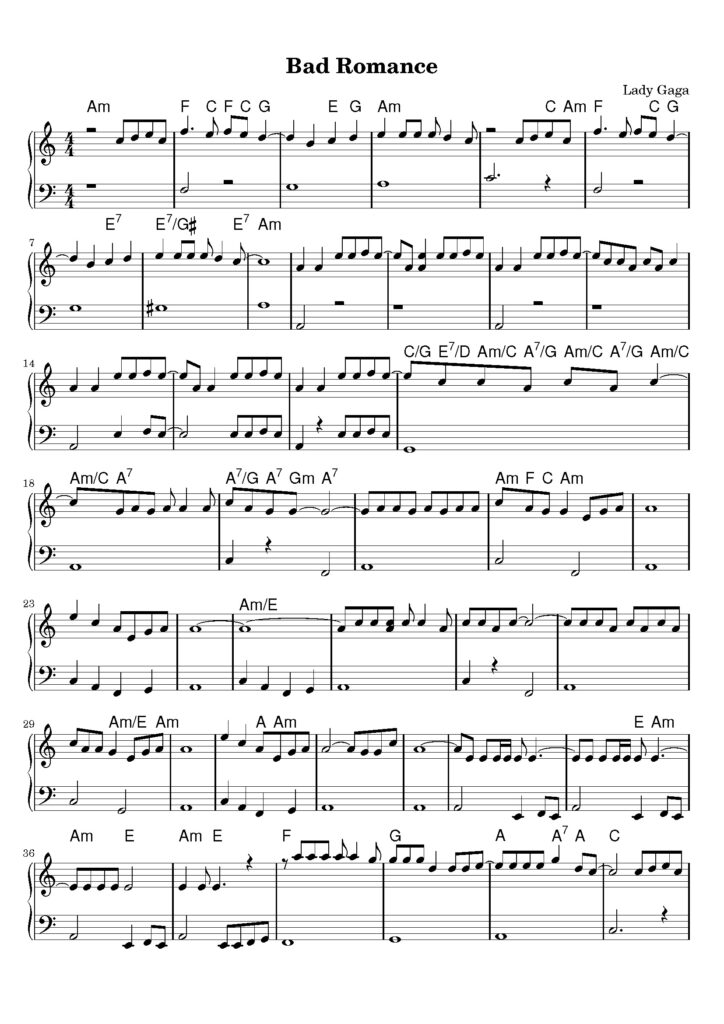 nuty na pianino do utworu bad romance
