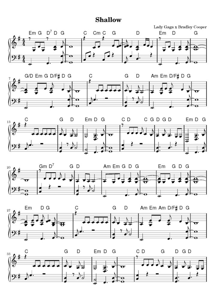 nuty na pianino do utworu shallow