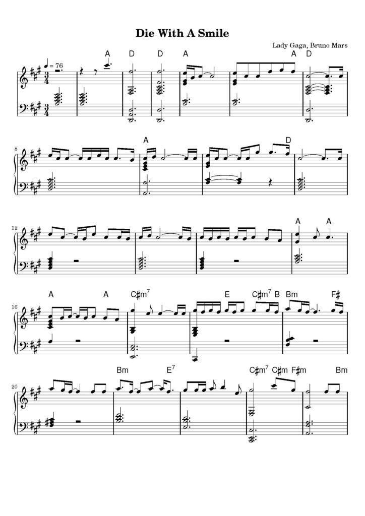 nuty na pianino do utworu die with a smile