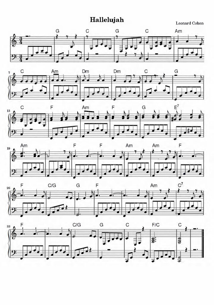 nuty na pianino do utworu hallelujah