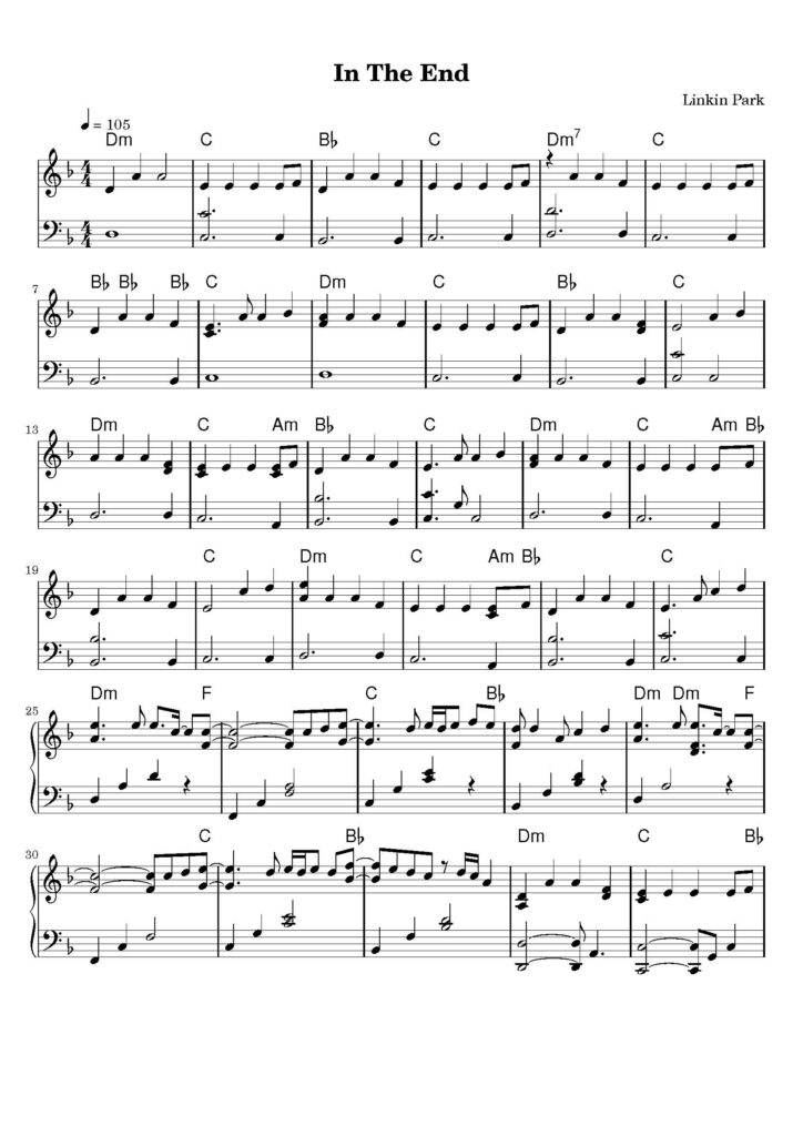 nuty na pianino do utworu in the end