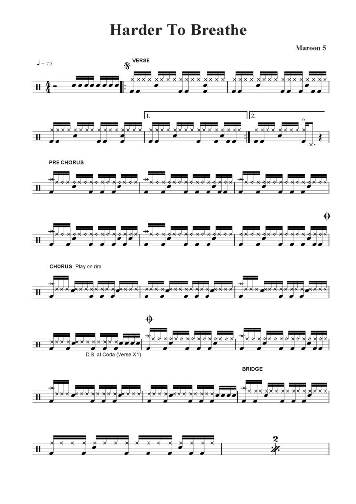 nuty na perkusję do utworu harder to breathe