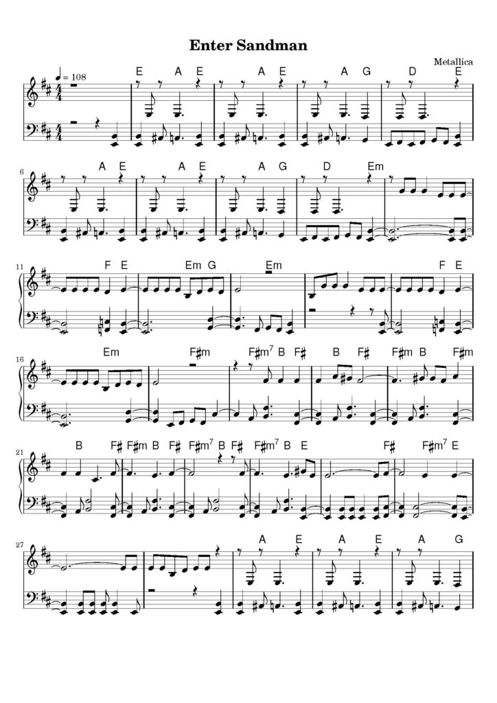 nuty na pianino do utworu enter sandman