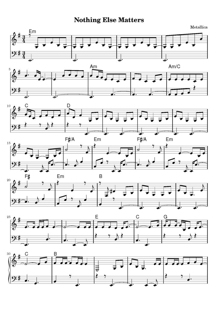 nuty na pianino do utworu nothing else matters