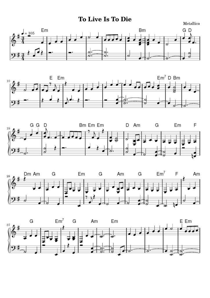 nuty na pianino do utworu to live is to die