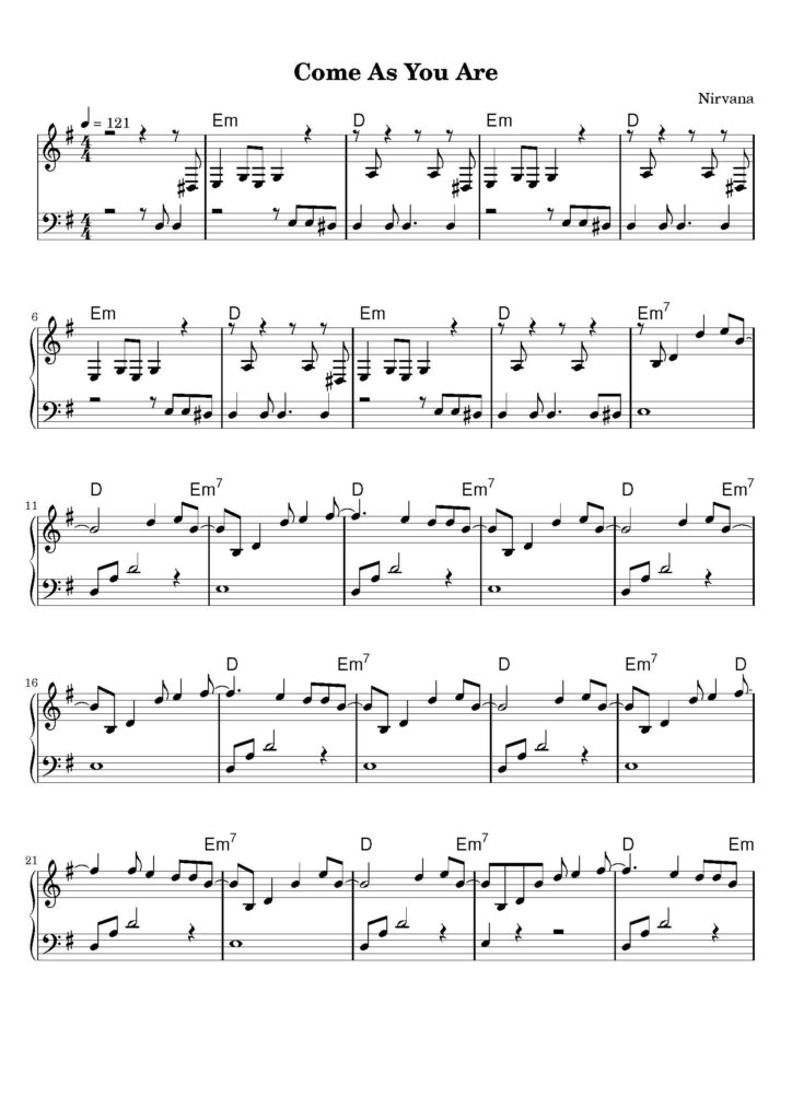 nuty na pianino do utworu come as you are