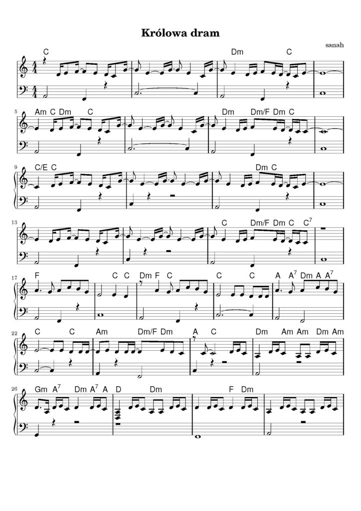 nuty na pianino do utworu królowa dam