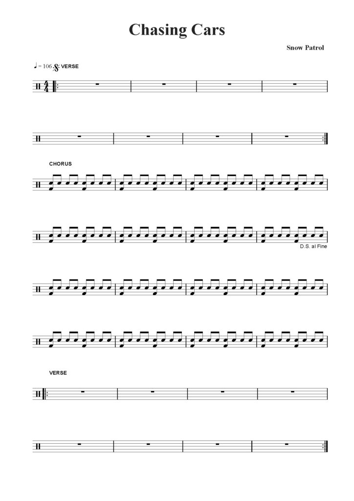 chasing cars drum sheet music