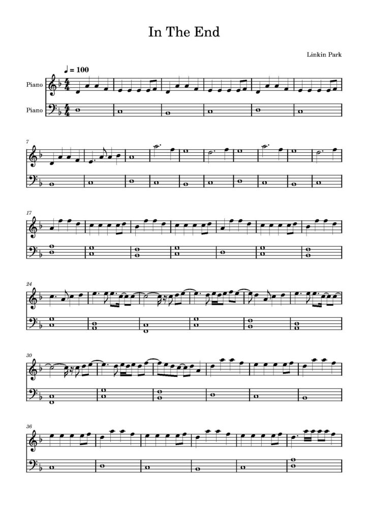 in the end nuty na pianino